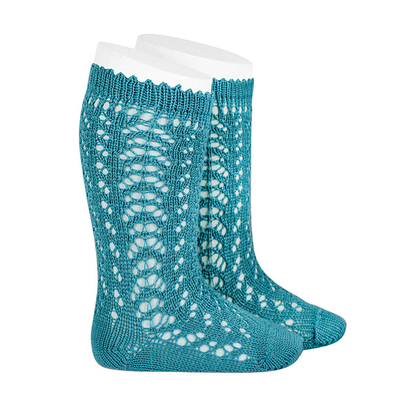 CALCETINES ALTOS DE ALGODÓN PERLÉ CALADOS 435 AZUL PIEDRA