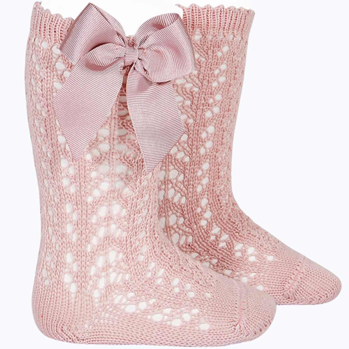 CALCETINES ALTOS CALADOS CON LAZO 526 ROSA PALO