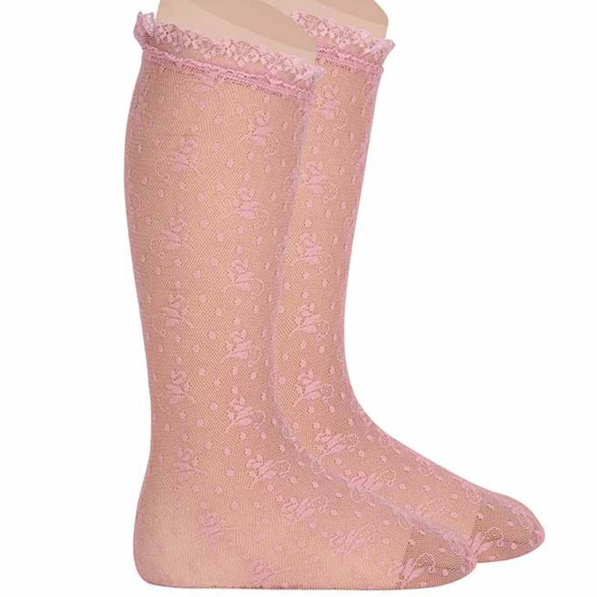 CALCETINES CEREMONIA ALTOS BLONDA CON PUNTILLA 526 ROSA PALO