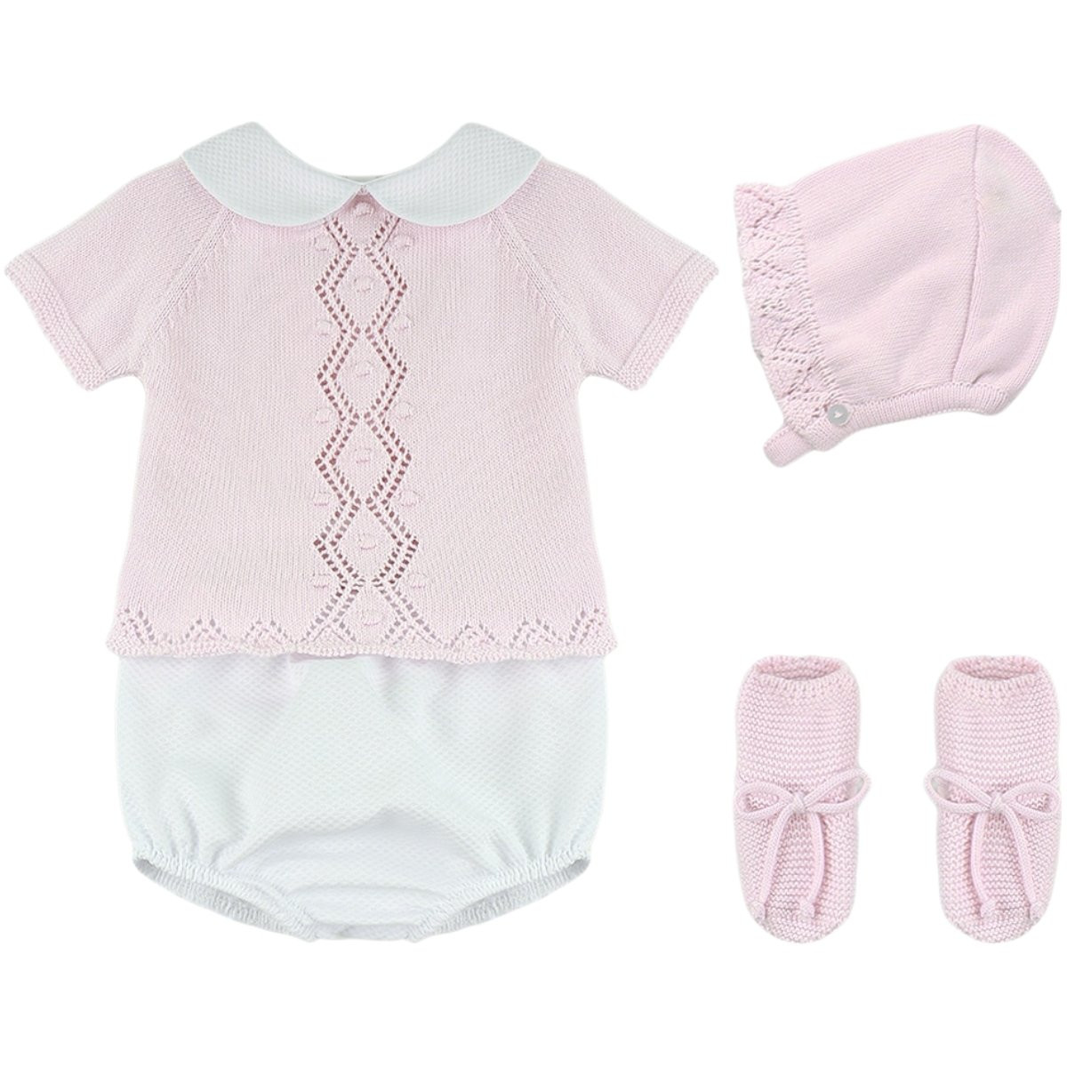 CONJUNTO PUNTO CON CUBREPAÑAL, CAPOTA Y PATUCOS HEBE ROSA