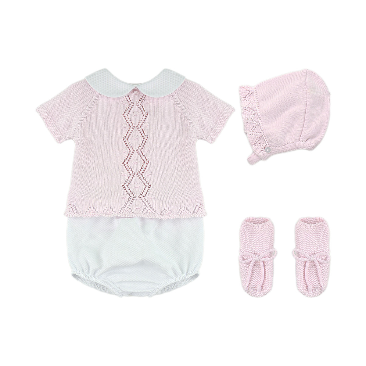 CONJUNTO PUNTO CON CUBREPAÑAL, CAPOTA Y PATUCOS HEBE ROSA