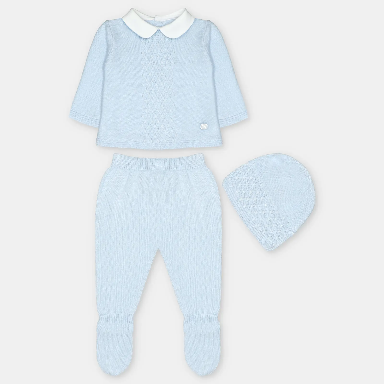 CONJUNTO PRIMERA PUESTA CON CAPOTA PUNTO UNISEX BOAL CELESTE BEBÉ