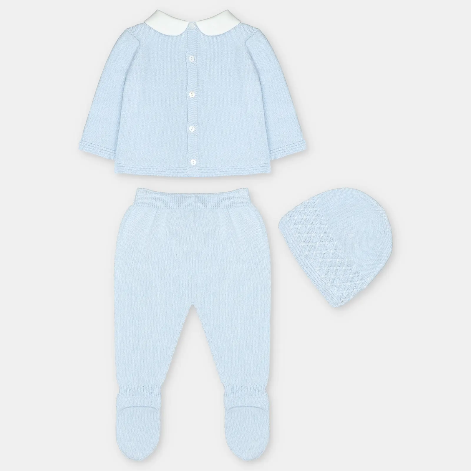 CONJUNTO PRIMERA PUESTA CON CAPOTA PUNTO UNISEX BOAL CELESTE BEBÉ