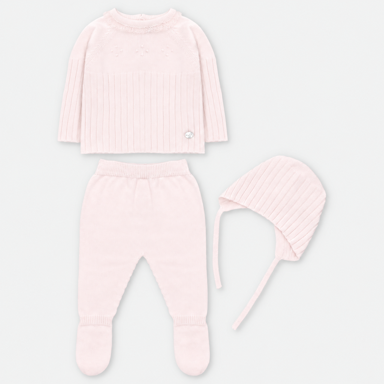 CONJUNTO PRIMERA PUESTA CON CAPOTA PUNTO VALENCIE UNISEX AMIEVA ROSA BEBÉ