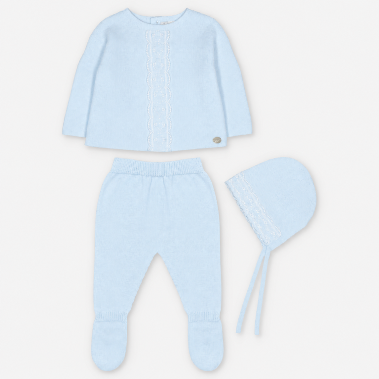 CONJUNTO PRIMERA PUESTA CON CAPOTA PUNTO UNISEX AMIEVA CELESTE BEBÉ