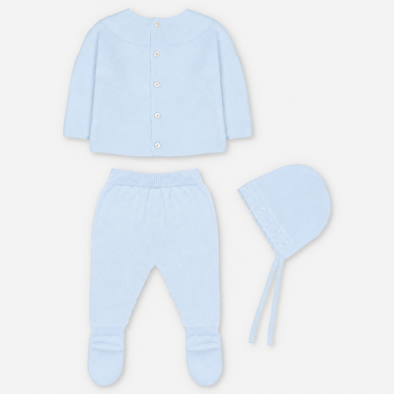 CONJUNTO PRIMERA PUESTA CON CAPOTA PUNTO UNISEX AMIEVA CELESTE BEBÉ