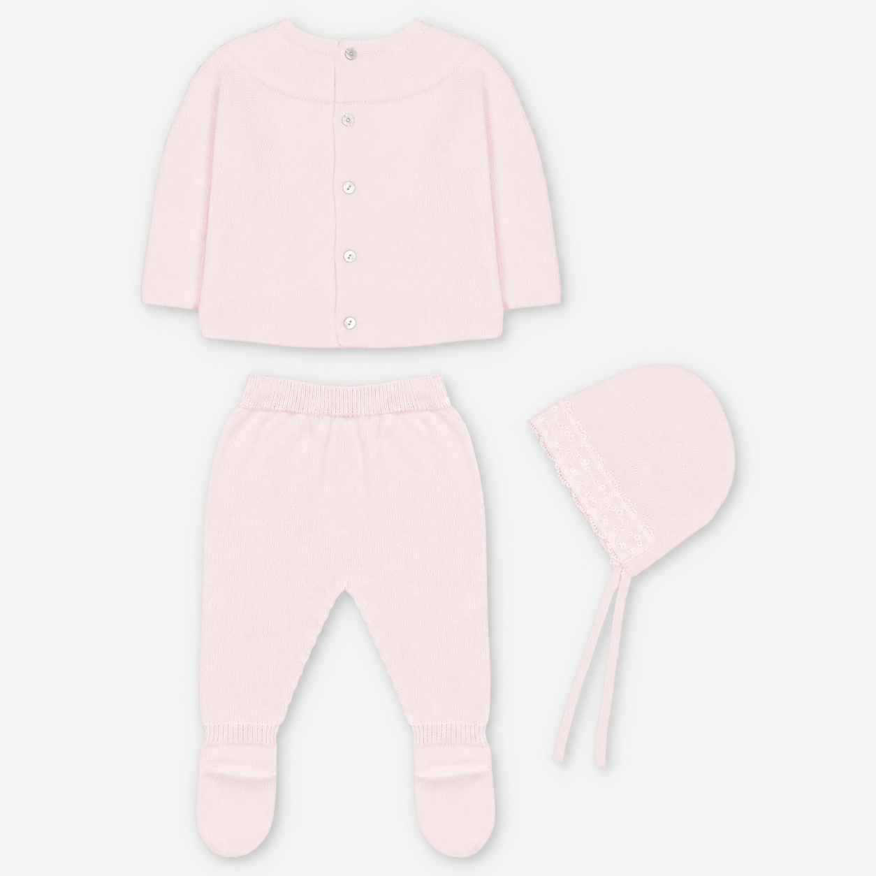 CONJUNTO PRIMERA PUESTA CON CAPOTA PUNTO UNISEX AMIEVA ROSA BEBÉ