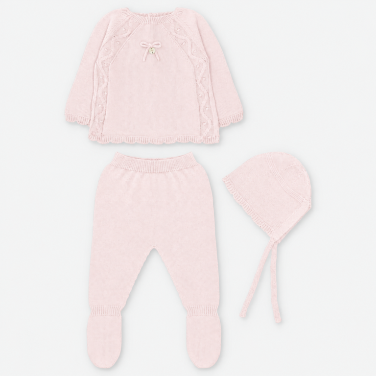 CONJUNTO PRIMERA PUESTA CON CAPOTA PUNTO UNISEX IBIAS ROSA BEBÉ