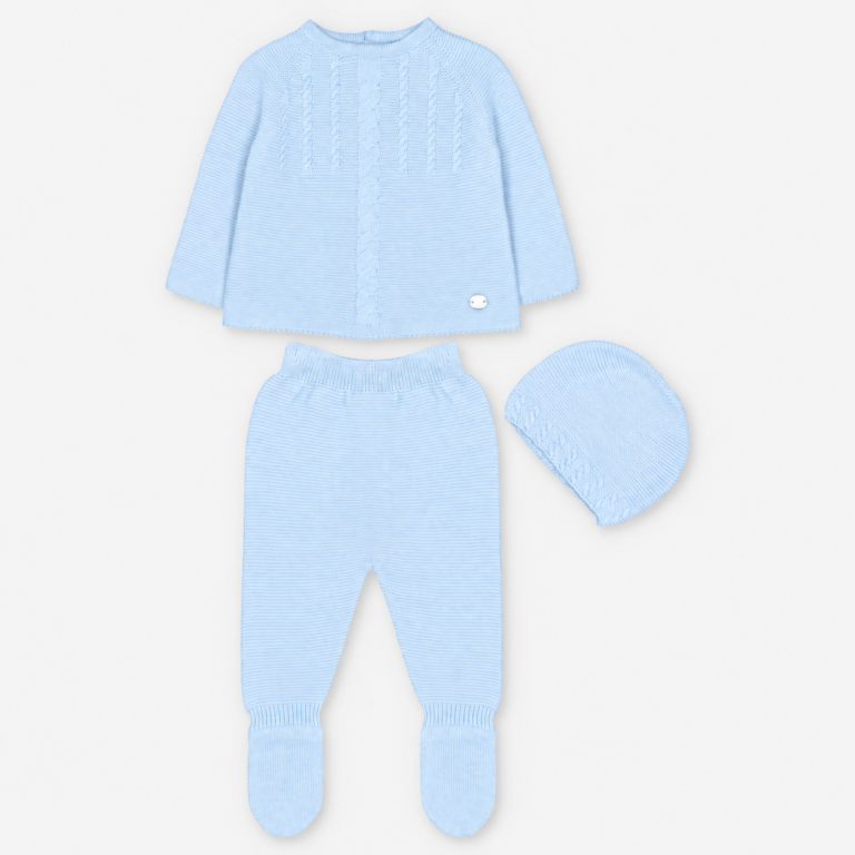 CONJUNTO PRIMERA PUESTA CON CAPOTA PUNTO OCHOS UNISEX CARAVIA CELESTE BEBÉ
